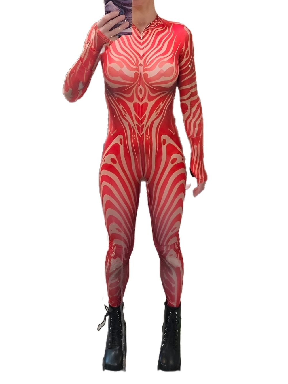 Red & Cream Abstract Swirl Catsuit Jumpsuit Sz S